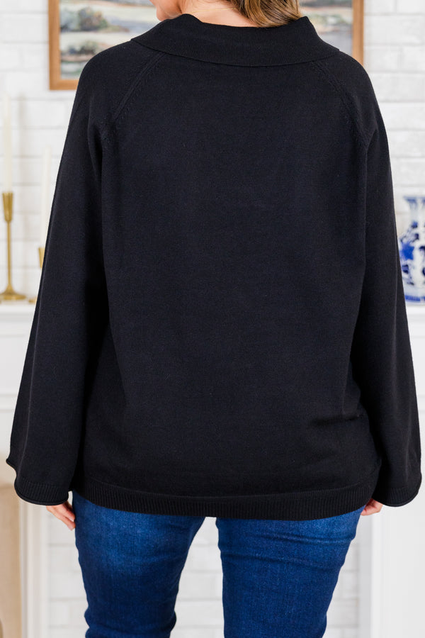 Chic Soul plus size clothing, wide-long-sleeve black sweater with collared v-neckline