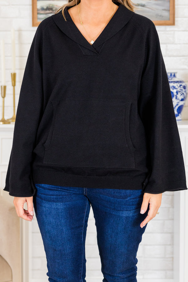 Chic Soul plus size clothing, wide-long-sleeve black sweater with collared v-neckline