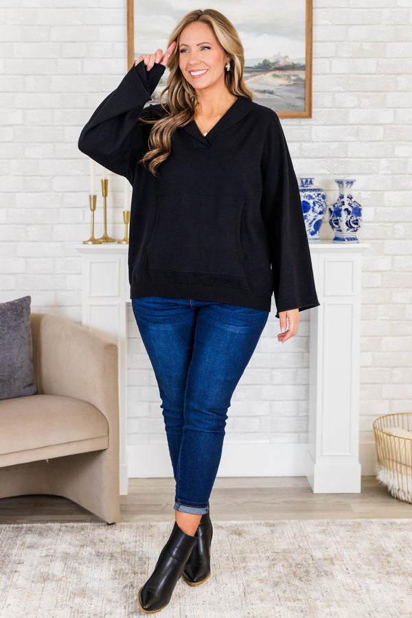 Chic Soul plus size clothing, wide-long-sleeve black sweater with collared v-neckline