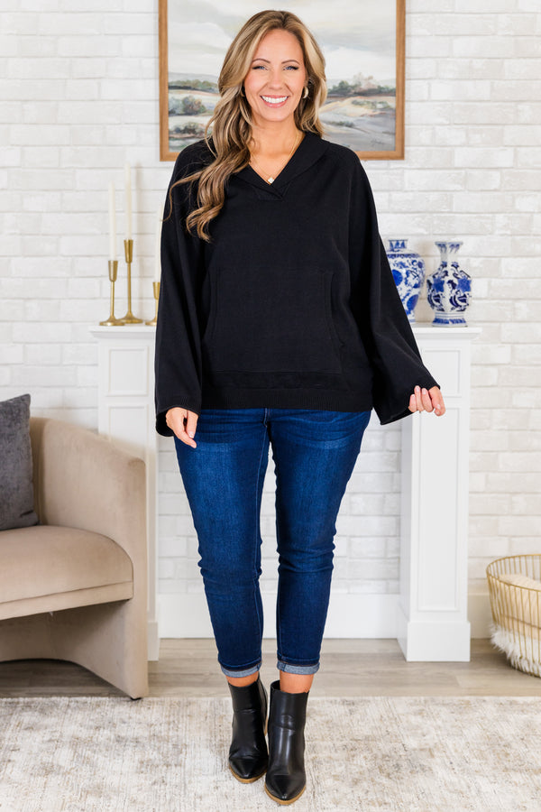 Chic Soul plus size clothing, wide-long-sleeve black sweater with collared v-neckline