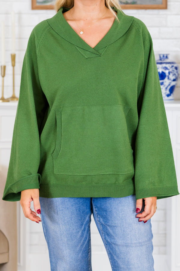 Chic Soul plus size clothing, wide-long-sleeve olive green sweater with collared v-neckline and kangaroo pockets