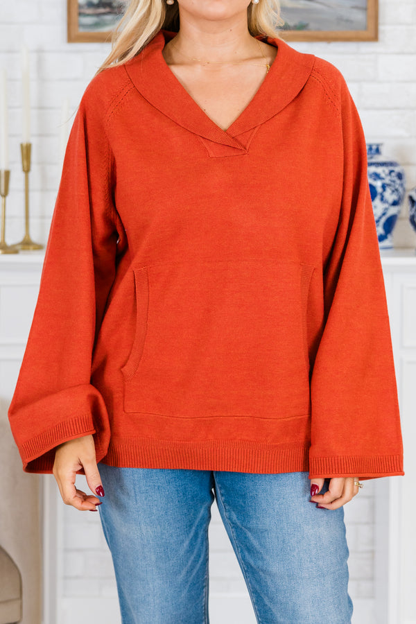 Chic Soul plus size clothing, long-flare-sleeve rust orange sweater with v-neckline