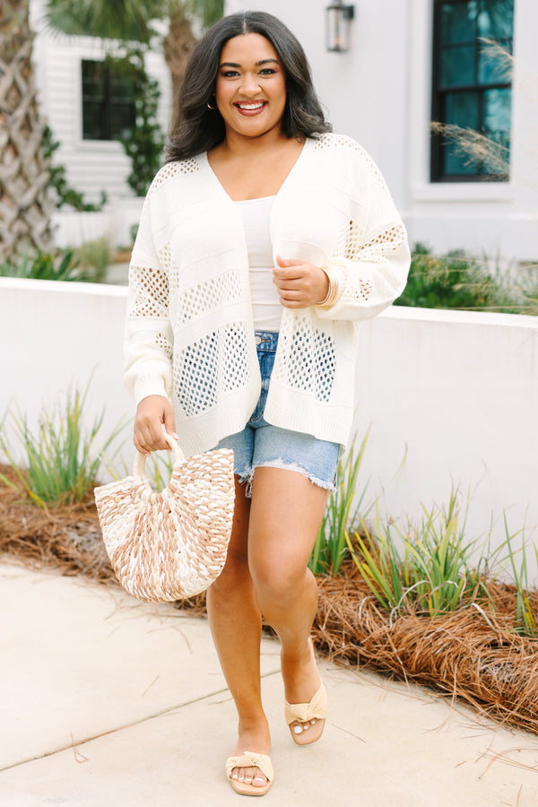 Chic Soul plus size clothing, off white long sleeve open cardigan with patches of fishnet like material