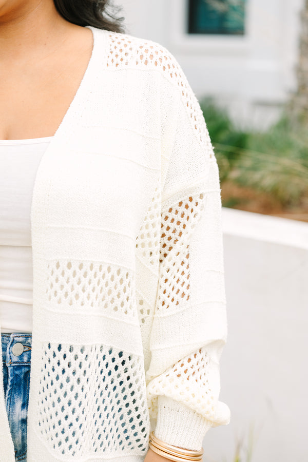 Chic Soul plus size clothing, off white long sleeve open cardigan with patches of fishnet like material