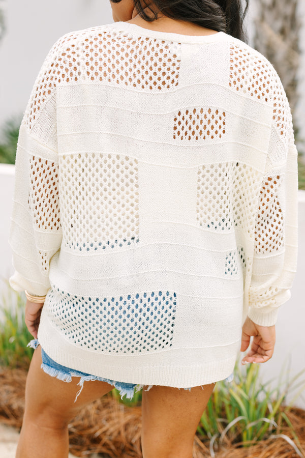 Chic Soul plus size clothing, off white long sleeve open cardigan with patches of fishnet like material