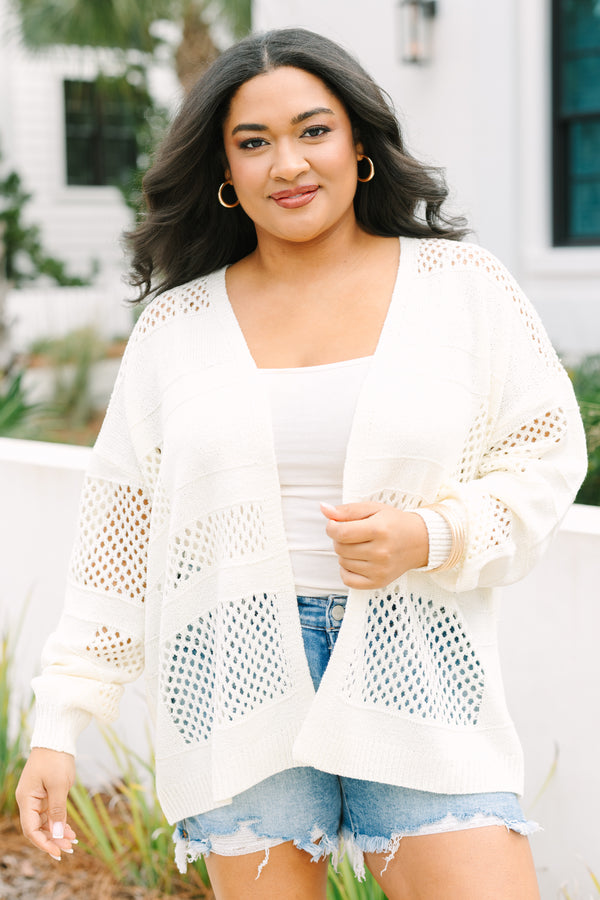Chic Soul plus size clothing, off white long sleeve open cardigan with patches of fishnet like material