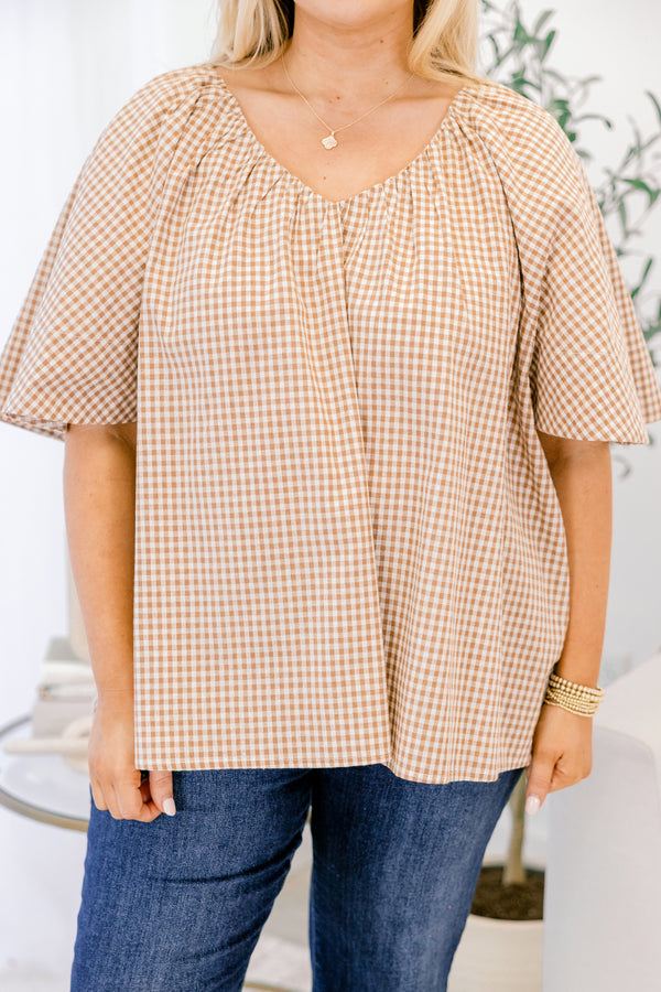 Chic Soul plus size clothing, brown and white gingham pattern short sleeve top