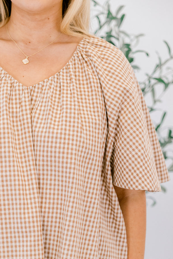 Chic Soul plus size clothing, brown and white gingham pattern short sleeve top