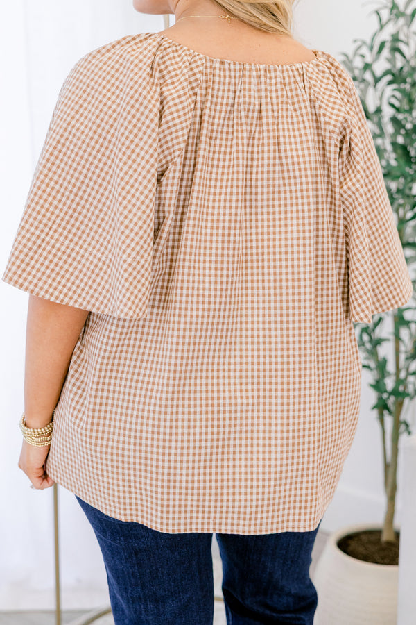 Chic Soul plus size clothing, brown and white gingham pattern short sleeve top
