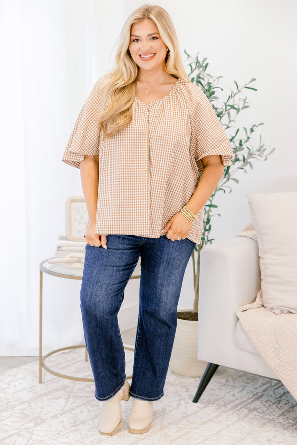 Chic Soul plus size clothing, brown and white gingham pattern short sleeve top