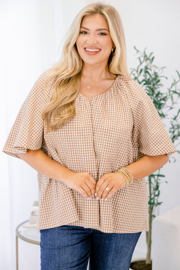 Chic Soul plus size clothing, brown and white gingham pattern short sleeve top