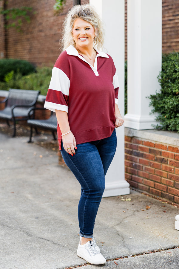 Chic Soul plus size clothing, short-sleeve marsala red top with v-neckline and white collar with white stripe color-block detailing on sleeves
