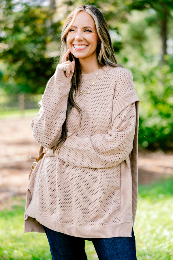 Chic Soul plus size clothing, light tan long sleeve loose knit sweater 