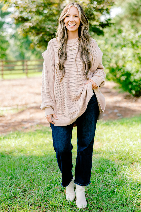 Chic Soul plus size clothing, light tan long sleeve loose knit sweater 