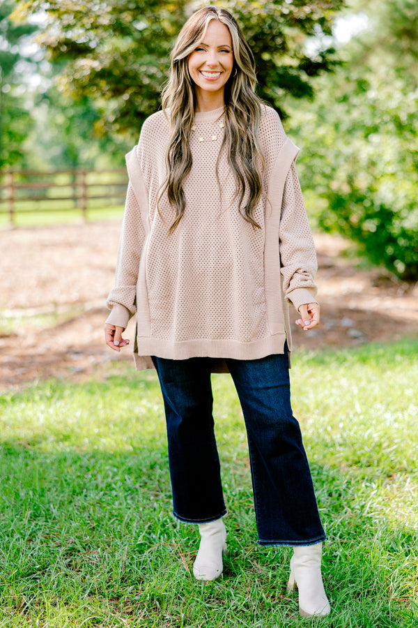 Chic Soul plus size clothing, light tan long sleeve loose knit sweater 