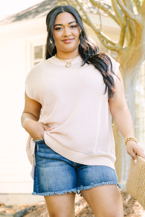 Plus Size light beige cap sleeve knit sweater with a crew neckline and relaxed fit.