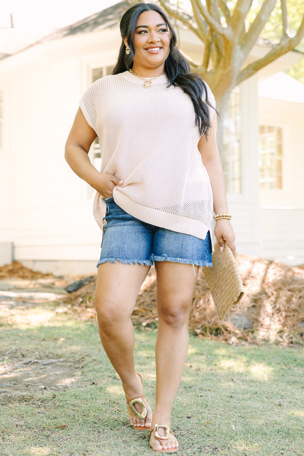 Plus Size light beige cap sleeve knit sweater with a crew neckline and relaxed fit.