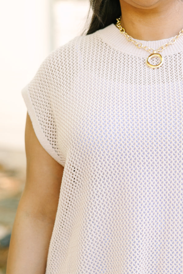 Plus Size light beige cap sleeve knit sweater with a crew neckline and relaxed fit.