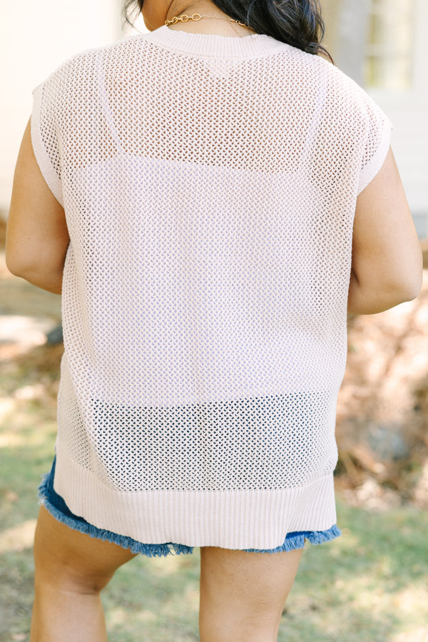 Plus Size light beige cap sleeve knit sweater with a crew neckline and relaxed fit.