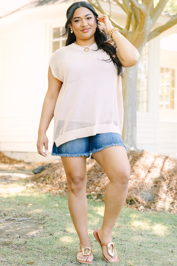 Plus Size light beige cap sleeve knit sweater with a crew neckline and relaxed fit.