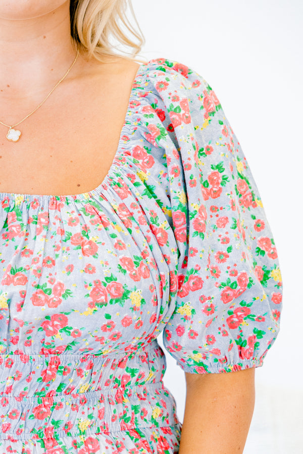 Chic Soul plus size clothing, washed light denim short sleeve peplum top with small multicolored floral design with cinched waist with cuffed puff sleeves with round neckline