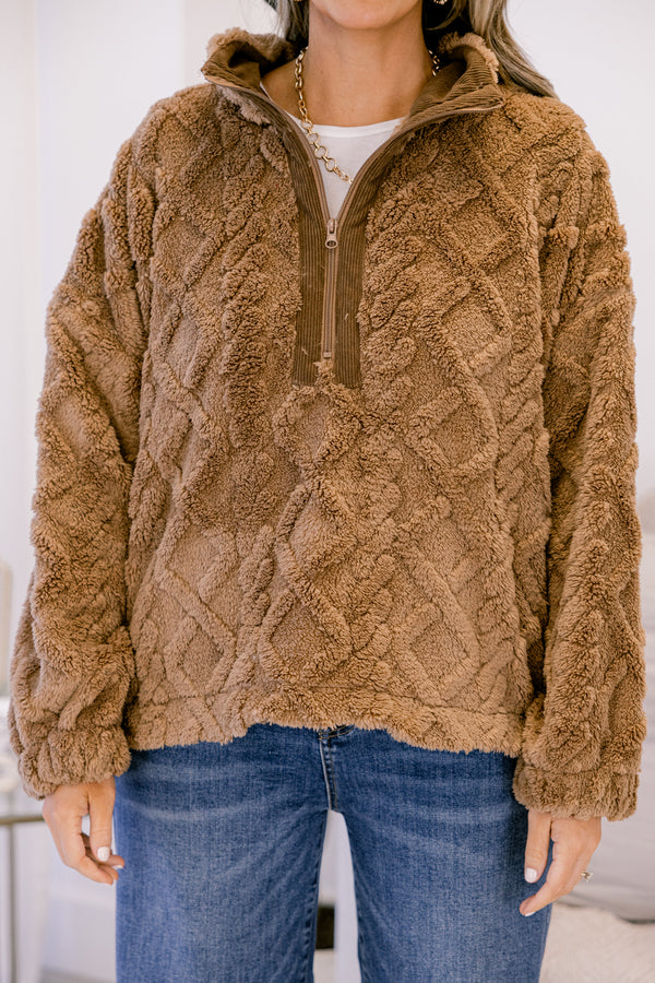 Chic Soul plus size clothing, brown fuzzy 1/4 zip pullover with knit sweater texture