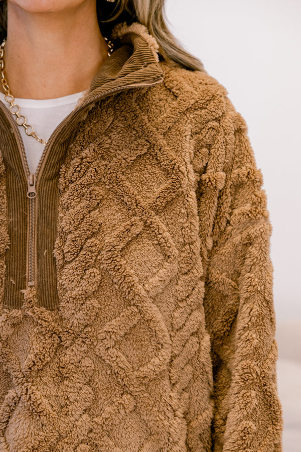 Chic Soul plus size clothing, brown fuzzy 1/4 zip pullover with knit sweater texture