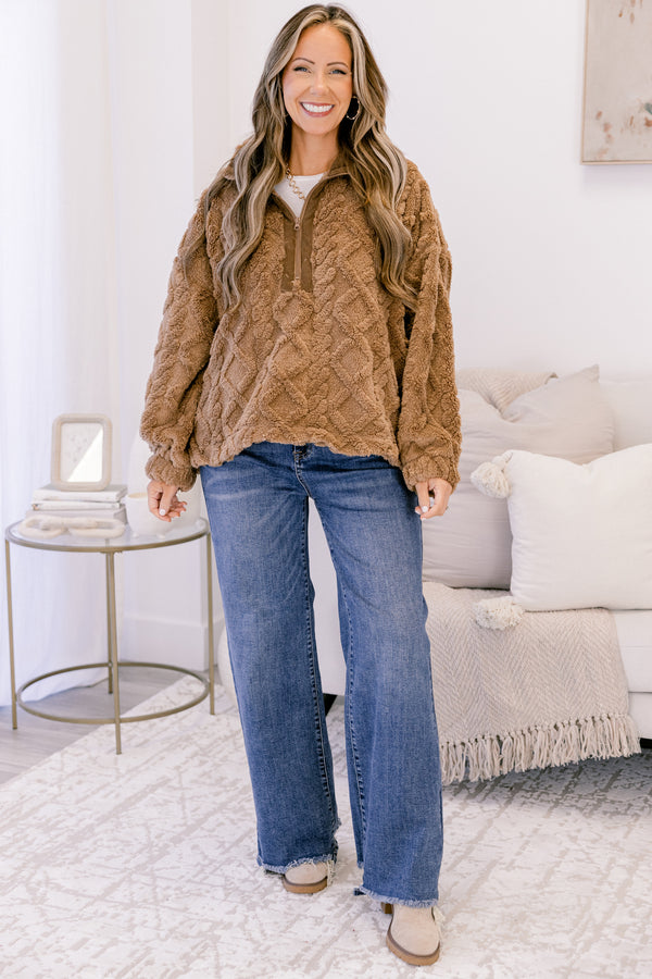 Chic Soul plus size clothing, brown fuzzy 1/4 zip pullover with knit sweater texture