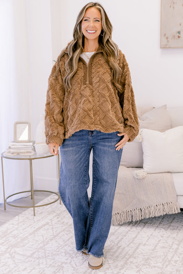 Chic Soul plus size clothing, brown fuzzy 1/4 zip pullover with knit sweater texture
