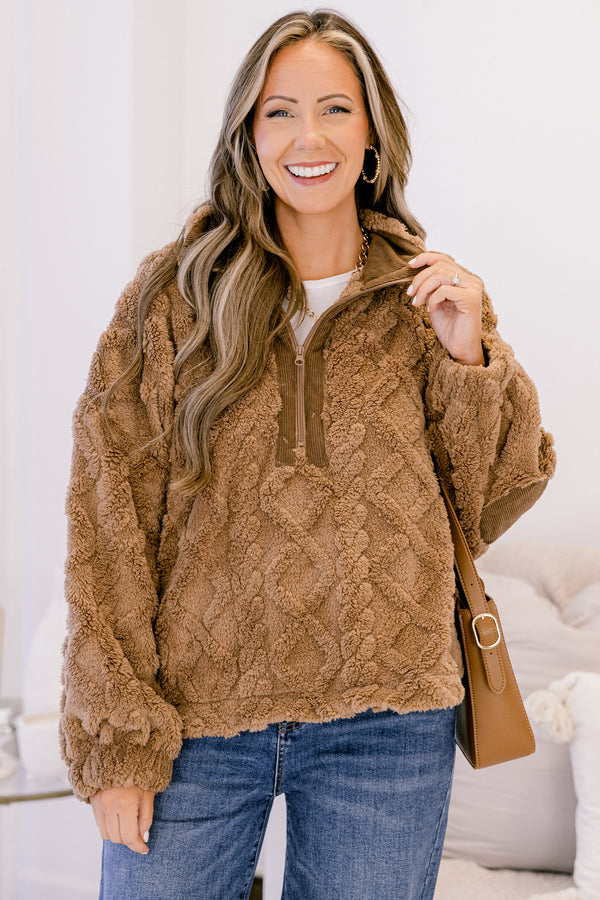 Chic Soul plus size clothing, brown fuzzy 1/4 zip pullover with knit sweater texture