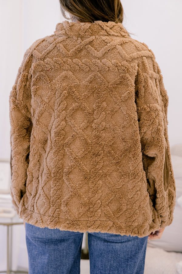 Chic Soul plus size clothing, brown fuzzy 1/4 zip pullover with knit sweater texture