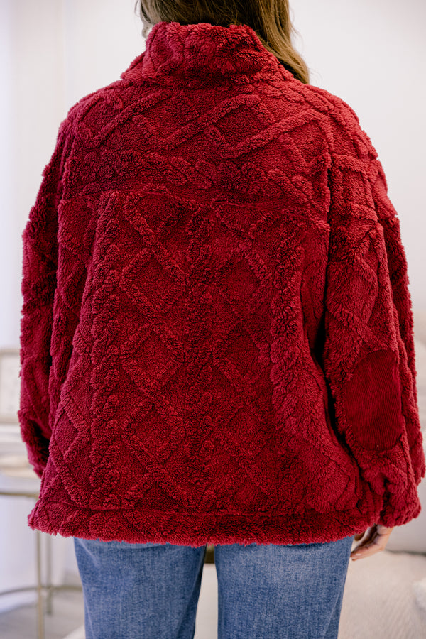 Chic Soul plus size clothing, red fur jacket with a geometric pattern throughout 