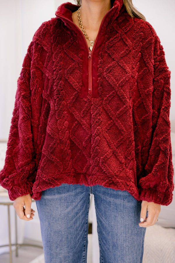 Chic Soul plus size clothing, red fur jacket with a geometric pattern throughout 