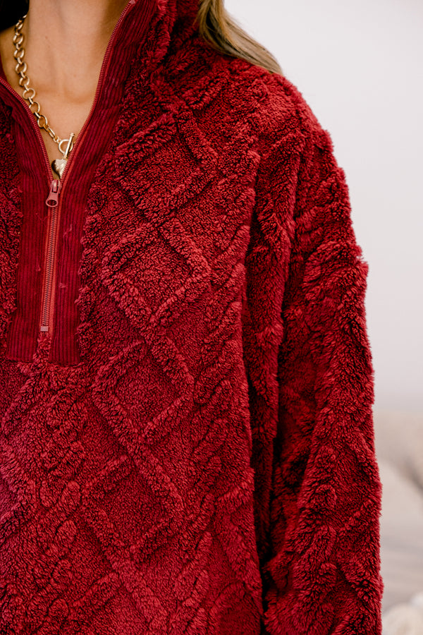 Chic Soul plus size clothing, red fur jacket with a geometric pattern throughout 