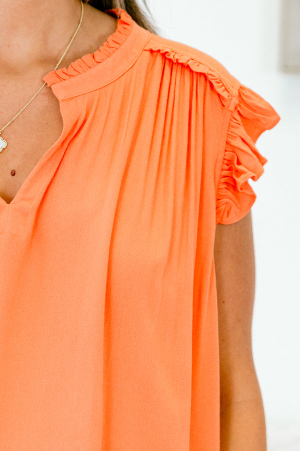 Chic Soul plus size clothing, sleeveless salmon top with v-neckline and smocked detailing with ruffled details along sleeve