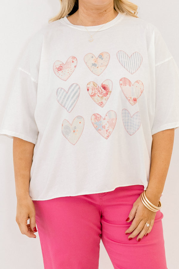 Chic Soul plus size clothing, white, short sleeve, t-shirt with nine patterned hearts graphic across the front