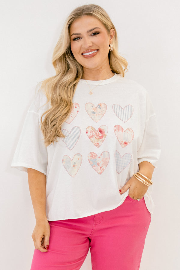 Chic Soul plus size clothing, white, short sleeve, t-shirt with nine patterned hearts graphic across the front