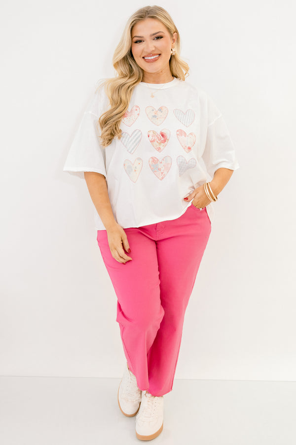 Chic Soul plus size clothing, white, short sleeve, t-shirt with nine patterned hearts graphic across the front