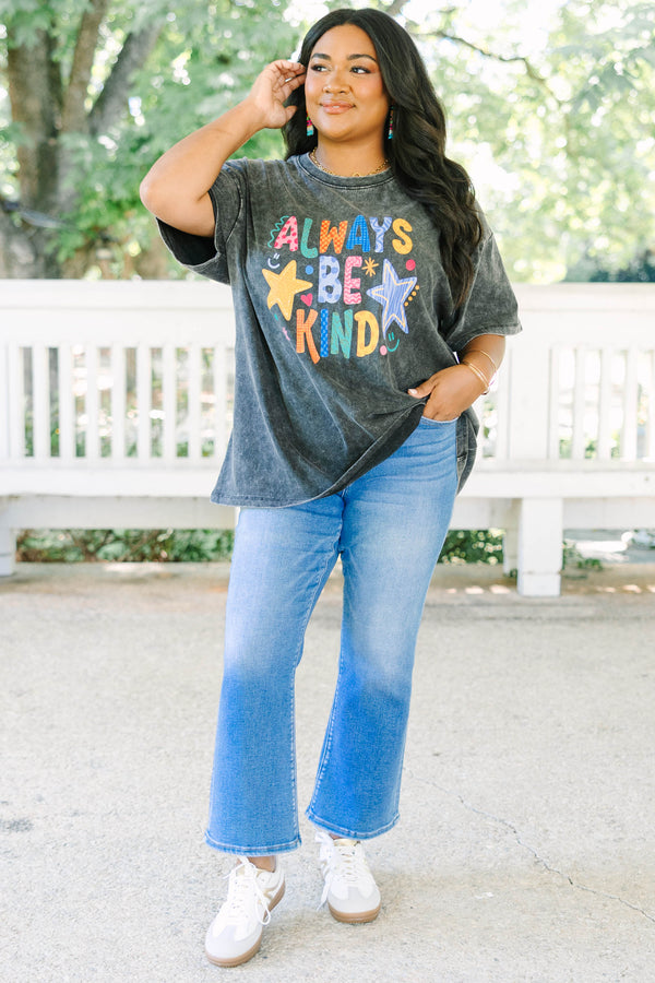Plus size black acid wash relaxed tee with colorful 'Always Be Kind' graphic 