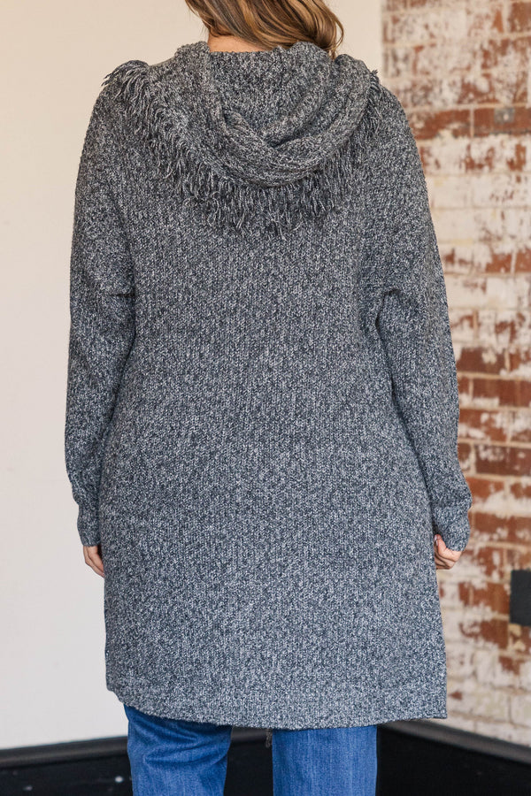 Chic Soul plus size clothing, heathered charcoal colored knee length cardigan with frayed detailing along the flaps of sweater, thicker material