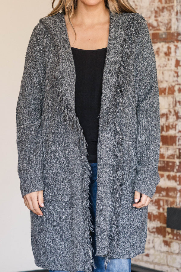 Chic Soul plus size clothing, heathered charcoal colored knee length cardigan with frayed detailing along the flaps of sweater, thicker material