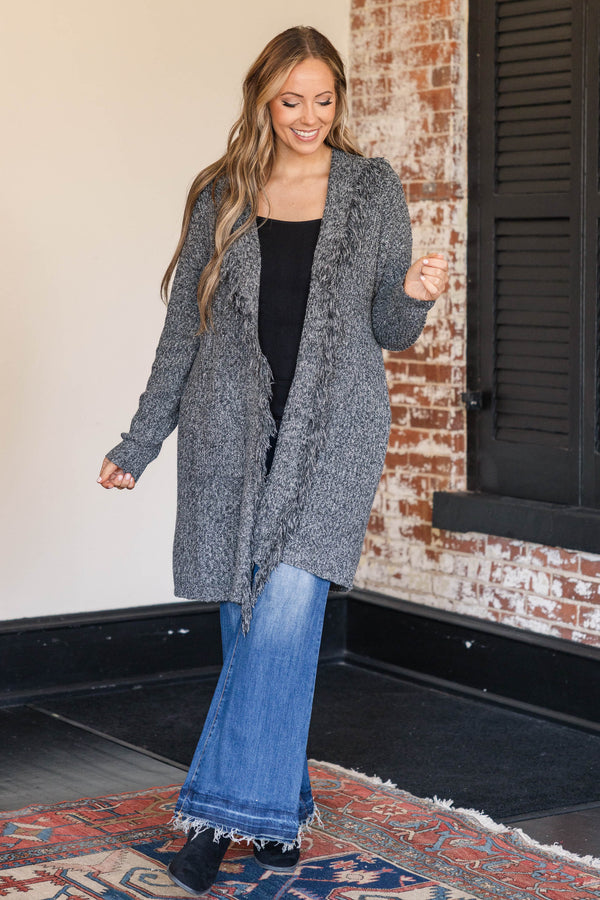 Chic Soul plus size clothing, heathered charcoal colored knee length cardigan with frayed detailing along the flaps of sweater, thicker material