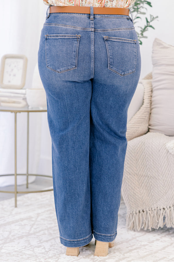 Chic Soul plus size clothing, medium wash straight leg blue jeans with finished hem