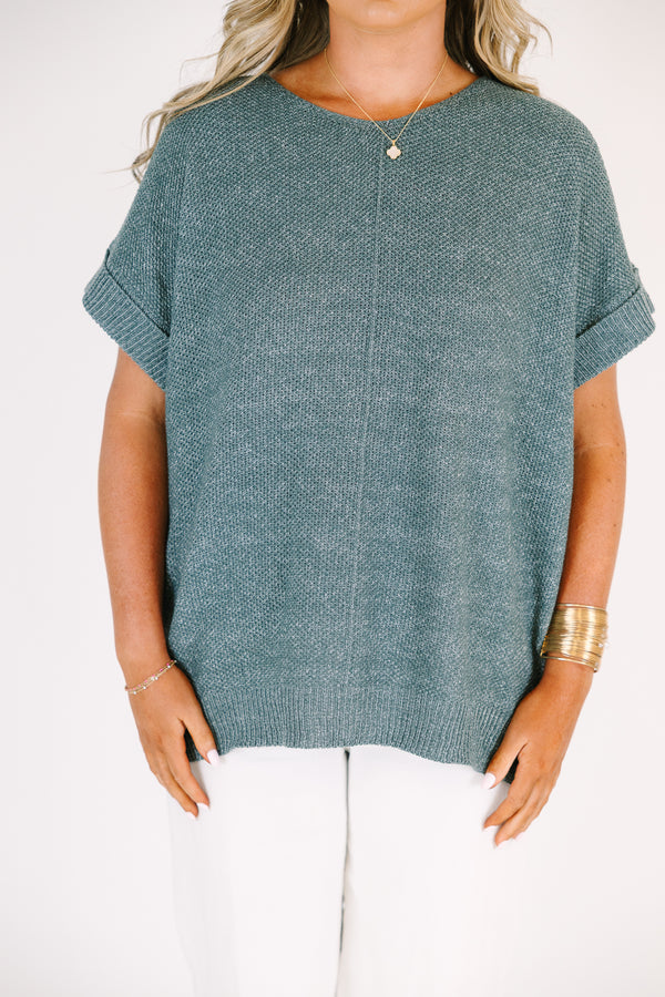 Plus Size ash jade short sleeve knit sweater with a round neckline and ribbed trim.