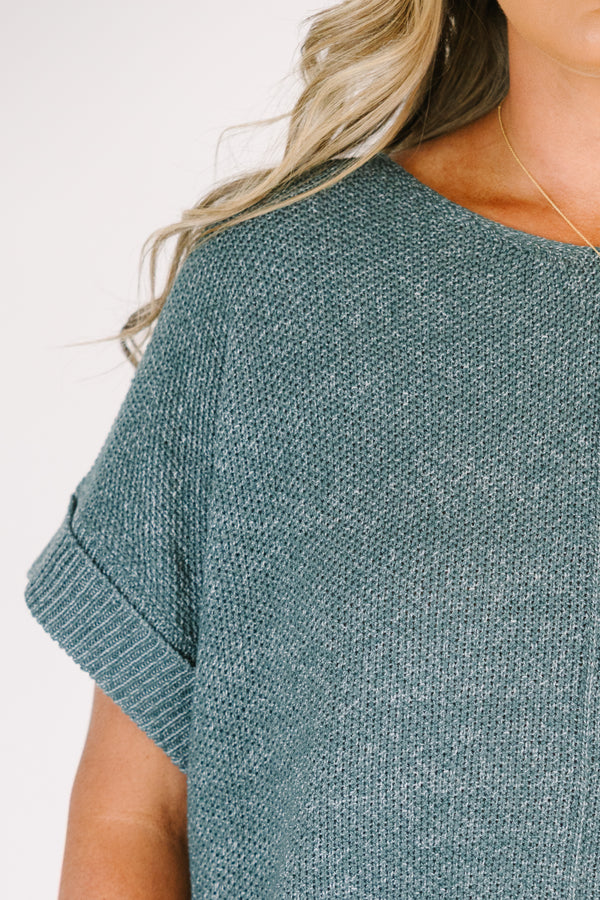 Plus Size ash jade short sleeve knit sweater with a round neckline and ribbed trim.
