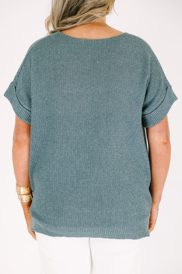 Plus Size ash jade short sleeve knit sweater with a round neckline and ribbed trim.