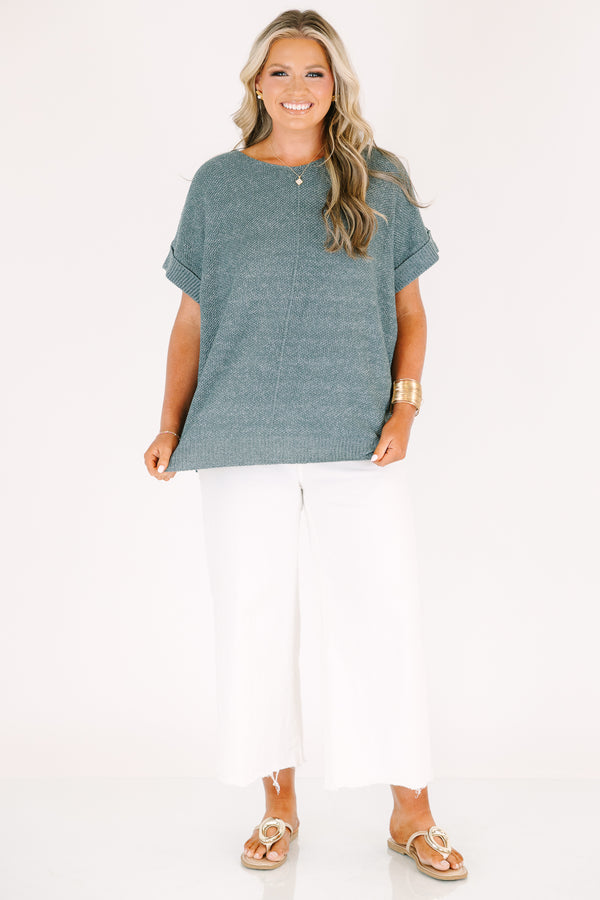 Plus Size ash jade short sleeve knit sweater with a round neckline and ribbed trim.