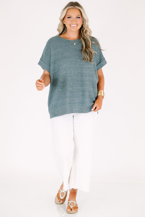 Plus Size ash jade short sleeve knit sweater with a round neckline and ribbed trim.