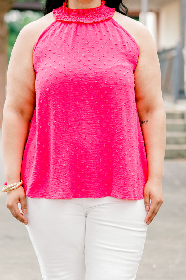 Chic Soul plus size clothing, fuchsia sleeveless halter tank top with smocked neck detail with raised texture dot print