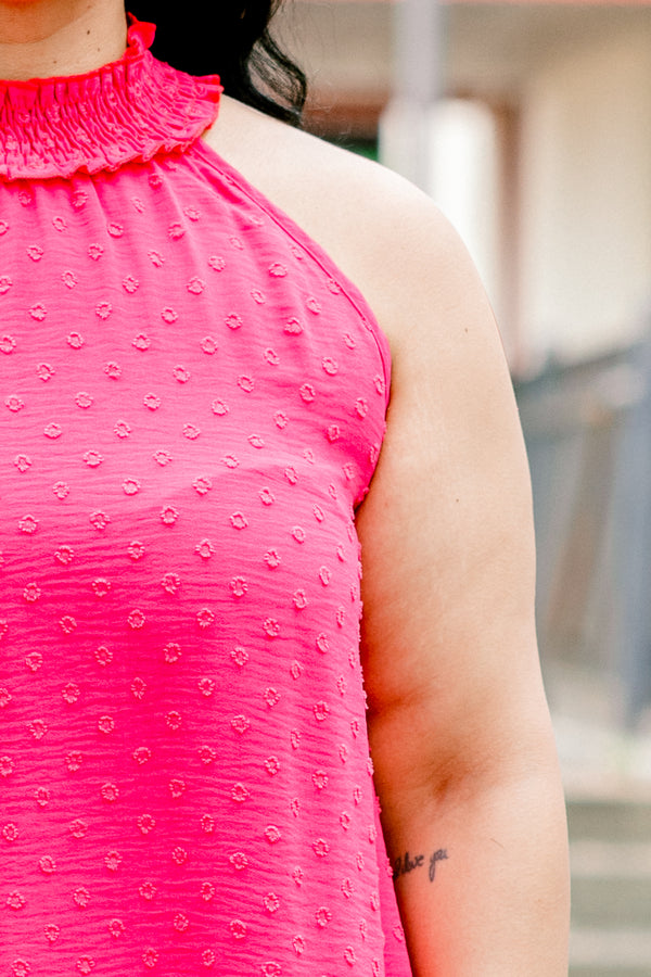 Chic Soul plus size clothing, fuchsia sleeveless halter tank top with smocked neck detail with raised texture dot print
